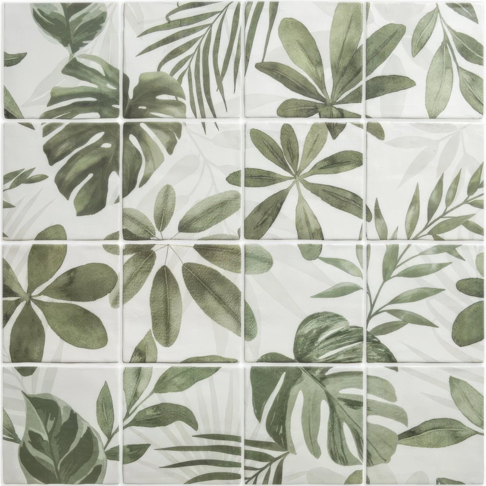 White ceramic tile panel with tropical green leaf pattern jungle grove 16 tile panel design