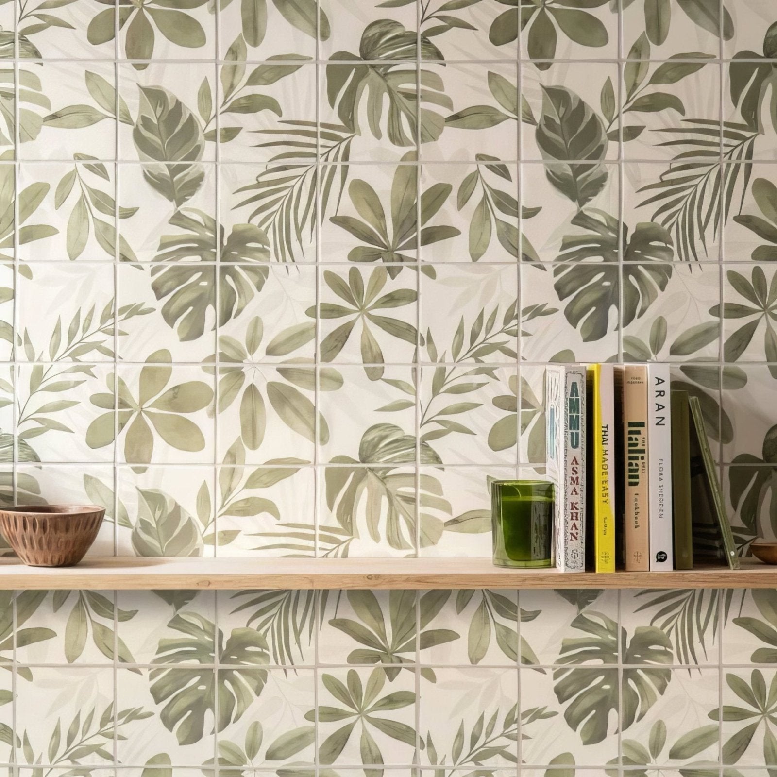 Beige ceramic wall tiles with green tropical leaf pattern in jungle grove 16 tile panel for decorative use