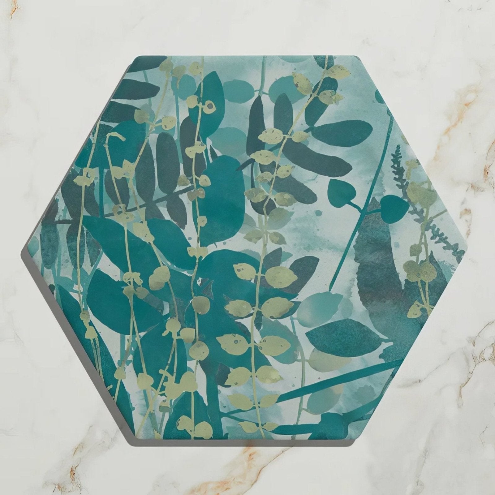 Hexagonal porcelain coaster with botanical design in shades of teal and green by clarissa hulse jungle hexagon collection