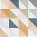 Kaleidoscope porcelain fritillary tile with geometric intersecting triangles in pastel peach muted blue gray orange and cream