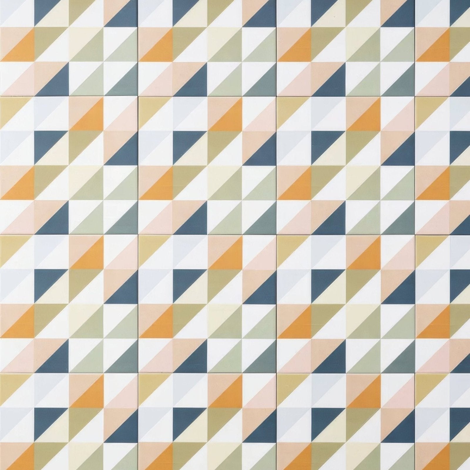 Kaleidoscope porcelain fritillary tile with geometric interlocking triangles in muted orange navy blue beige and white