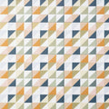 Kaleidoscope porcelain fritillary tile with geometric interlocking triangles in muted orange navy blue beige and white