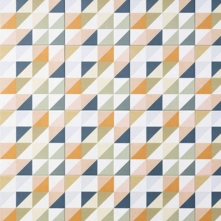 Kaleidoscope porcelain fritillary tile with geometric interlocking triangles in muted orange navy blue beige and white