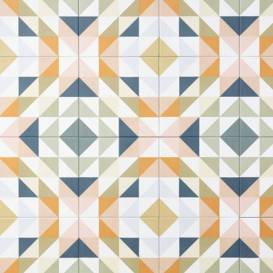 Kaleidoscope porcelain fritillary geometric patterned ceramic floor tiles with beige orange navy and white tones