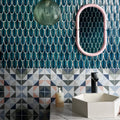 Hexagonal white ceramic sink with sleek black faucet in kaleidoscope porcelain skipper bathroom product