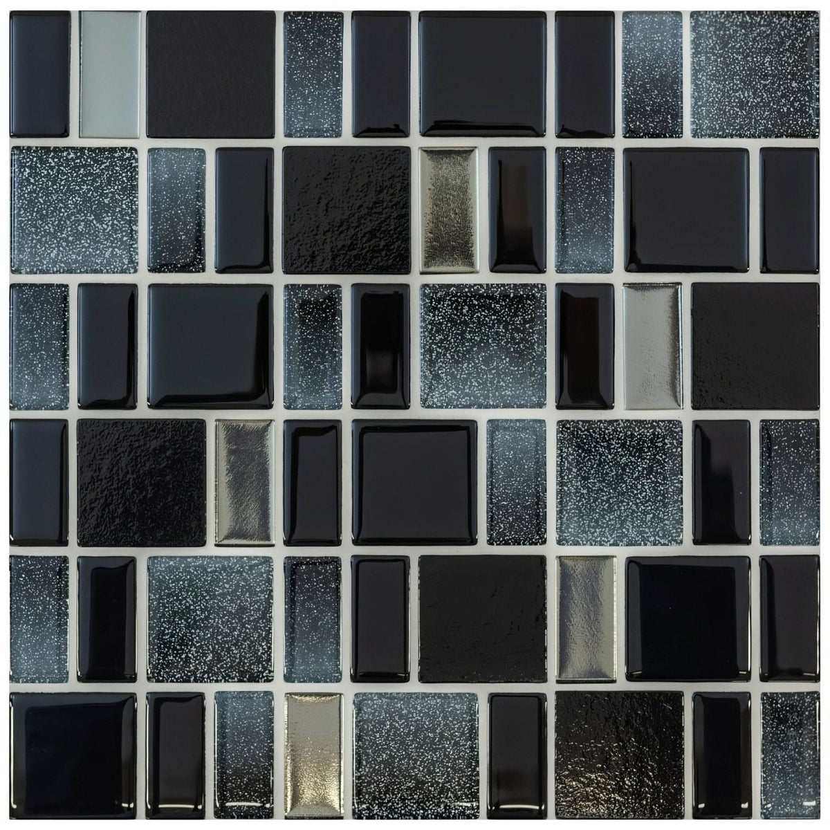 Kamino rectangle mix mosaics of black and silver glass tile with textured glittery and glossy finishes