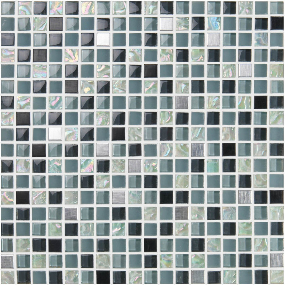 Kandahar earth and fire mixed mosaics panel with teal black and iridescent abalone mosaic tiles with metallic accents