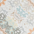Kashmir porcelain earthern wallpaper with intricate repeating floral pattern in pastel teal gray peach and cream tones