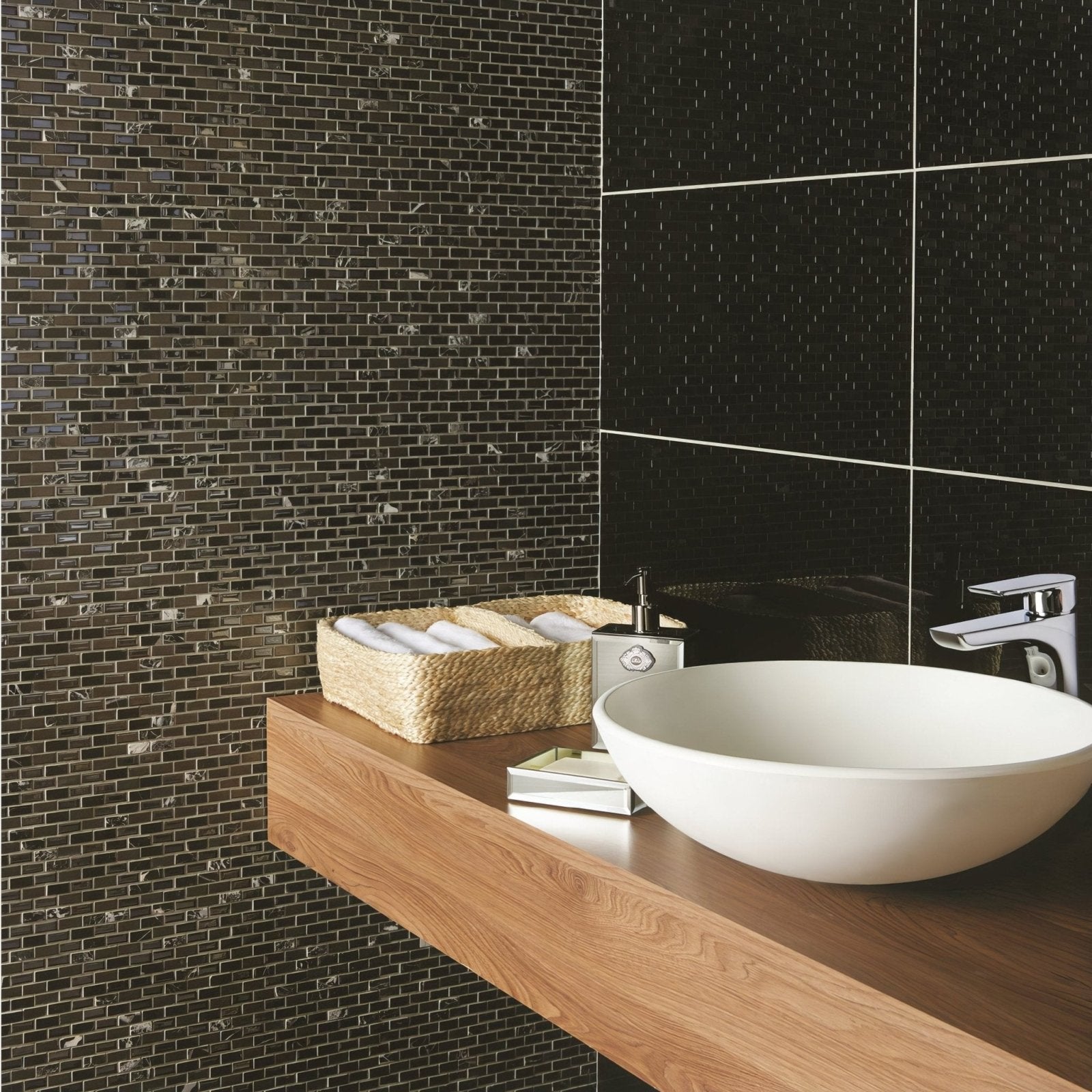 Kauali Brickbond Mixed Mosaics black and grey glass brick mosaic with a white vessel sink