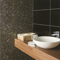 Kauali Brickbond Mixed Mosaics black and grey glass brick mosaic with a white vessel sink