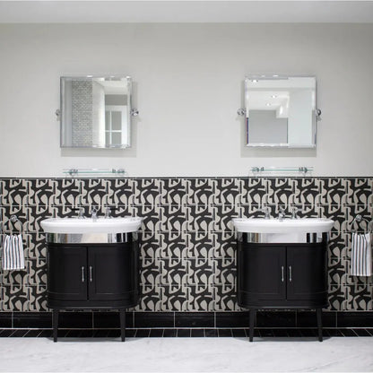 Black and white patterned bathroom vanity with chrome accents from Kelly Hoppen Puzzle Beige and Black collection