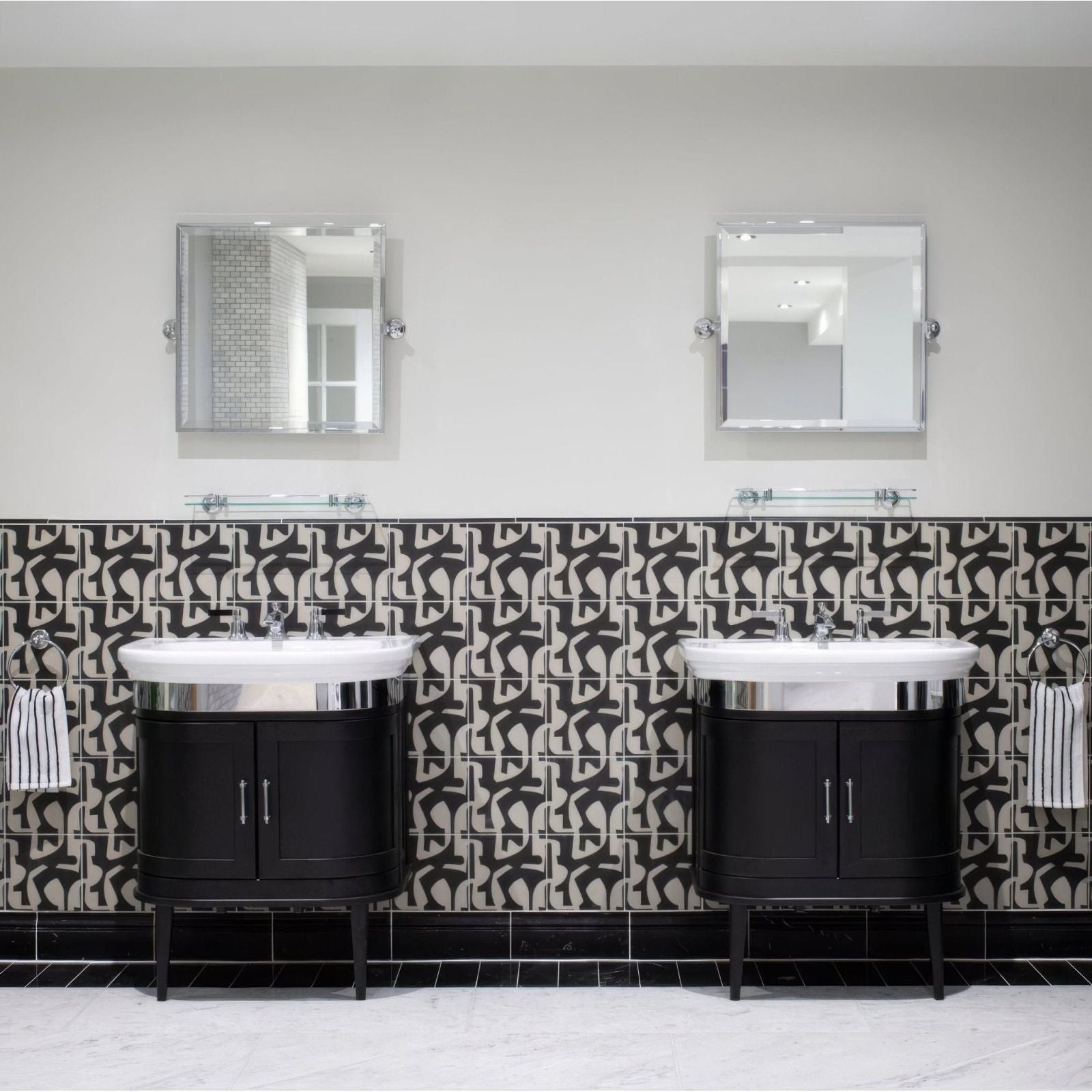Black and white patterned bathroom vanity with chrome accents from kelly hoppen puzzle collection