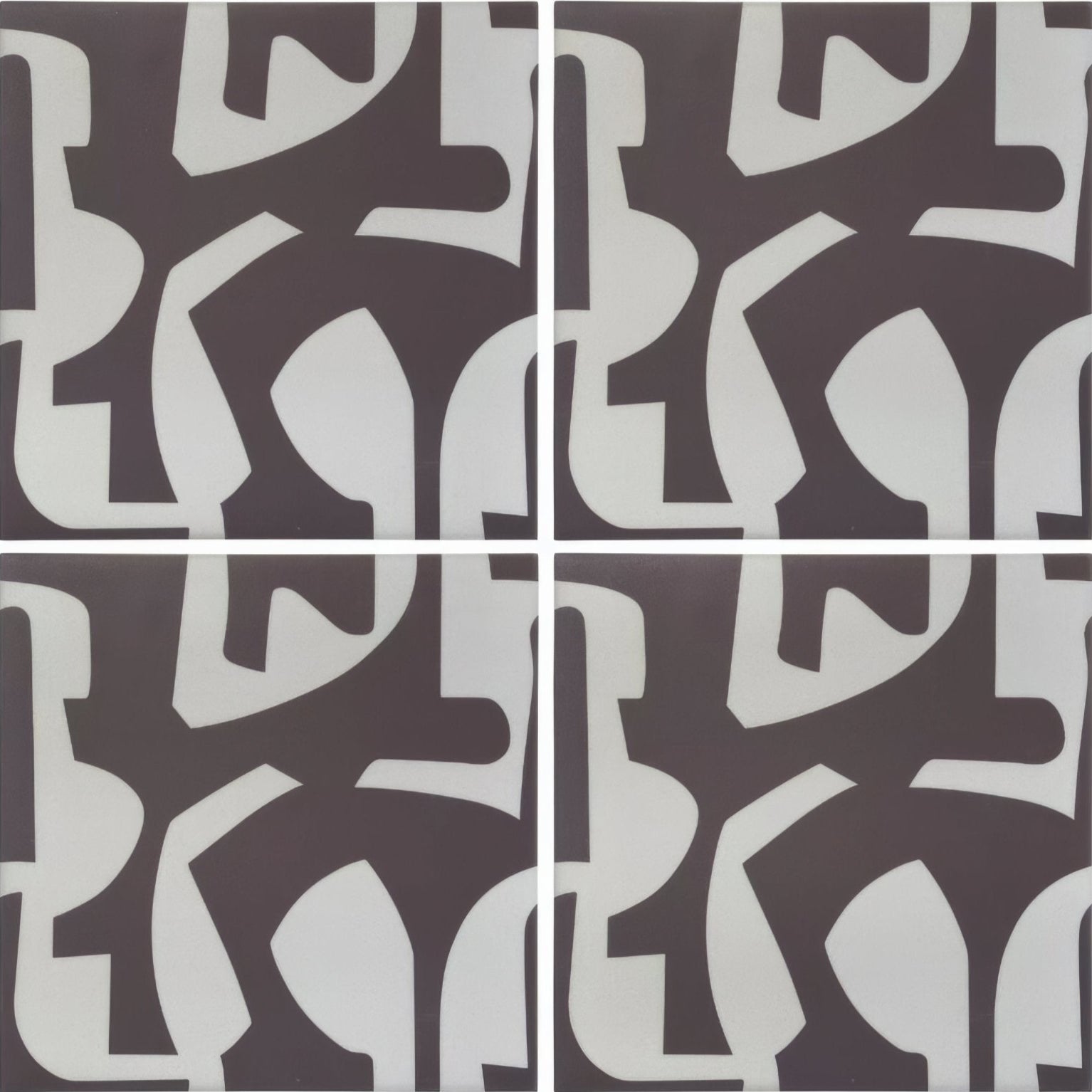 Dark gray square tiles with a repeating abstract white geometric pattern from kelly hoppen puzzle black and white collection