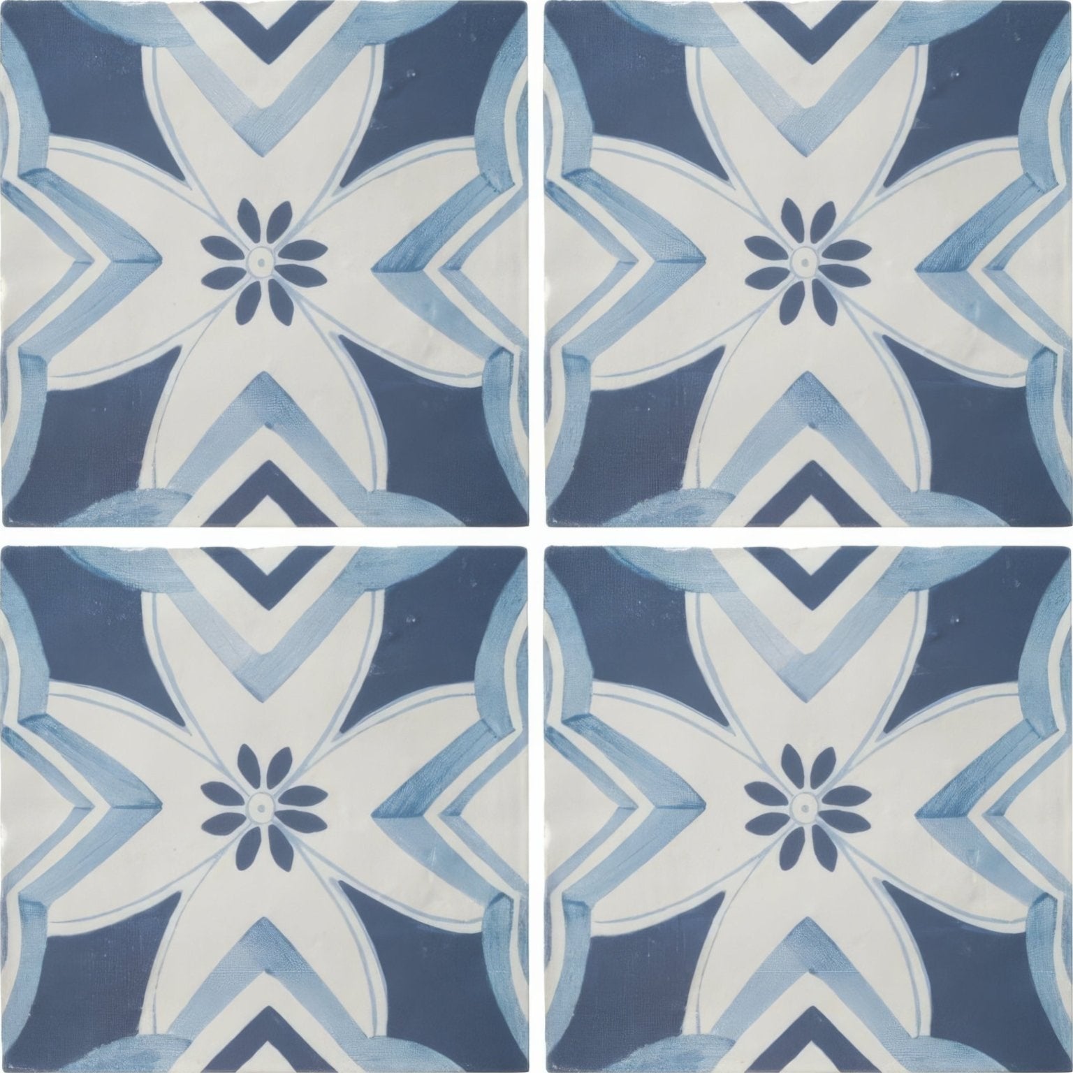 Kelmscott brantwood blue patterned tile with blue and white ceramic symmetrical floral design