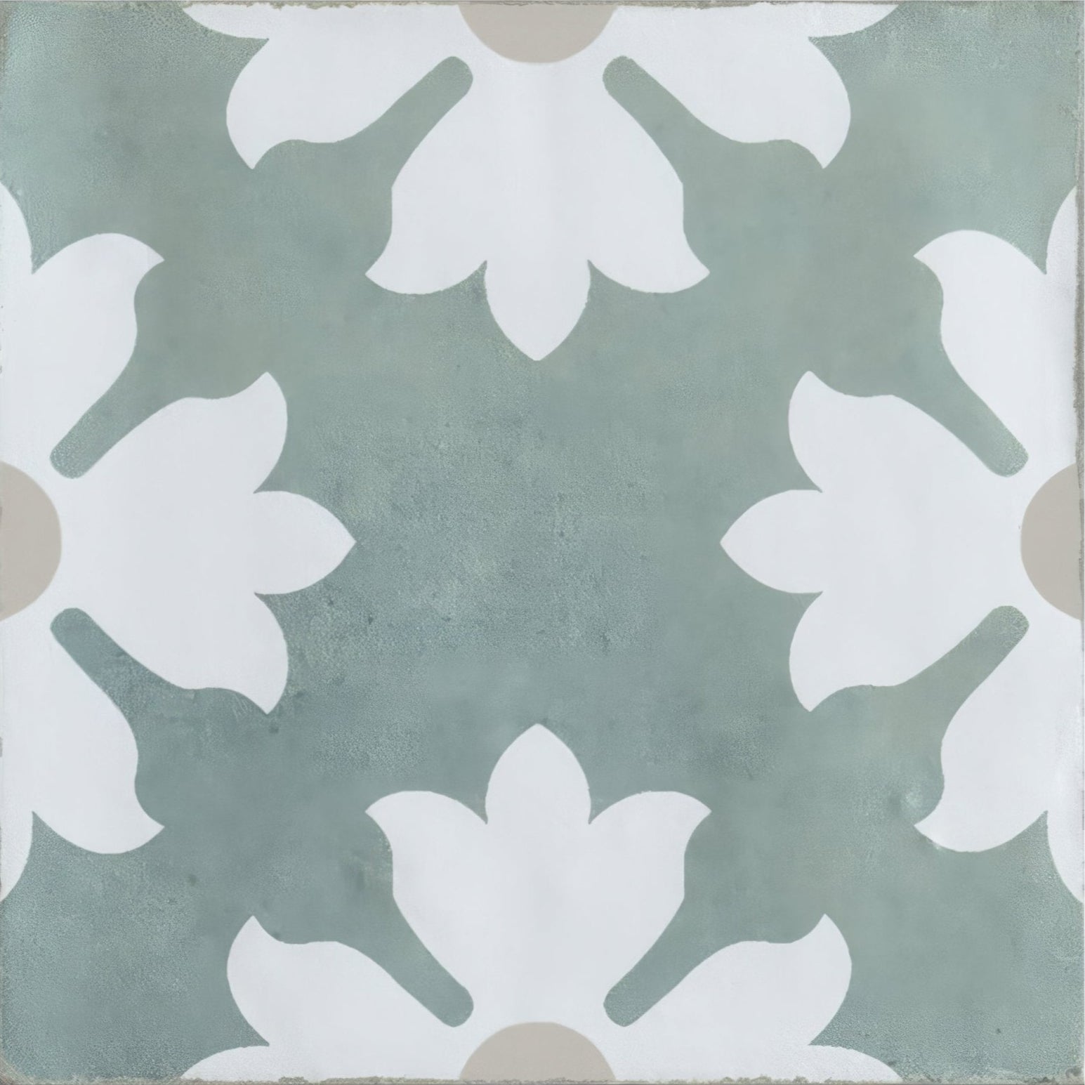 Kelmscott coleton blue patterned square ceramic tile with muted sage green background and white floral accents