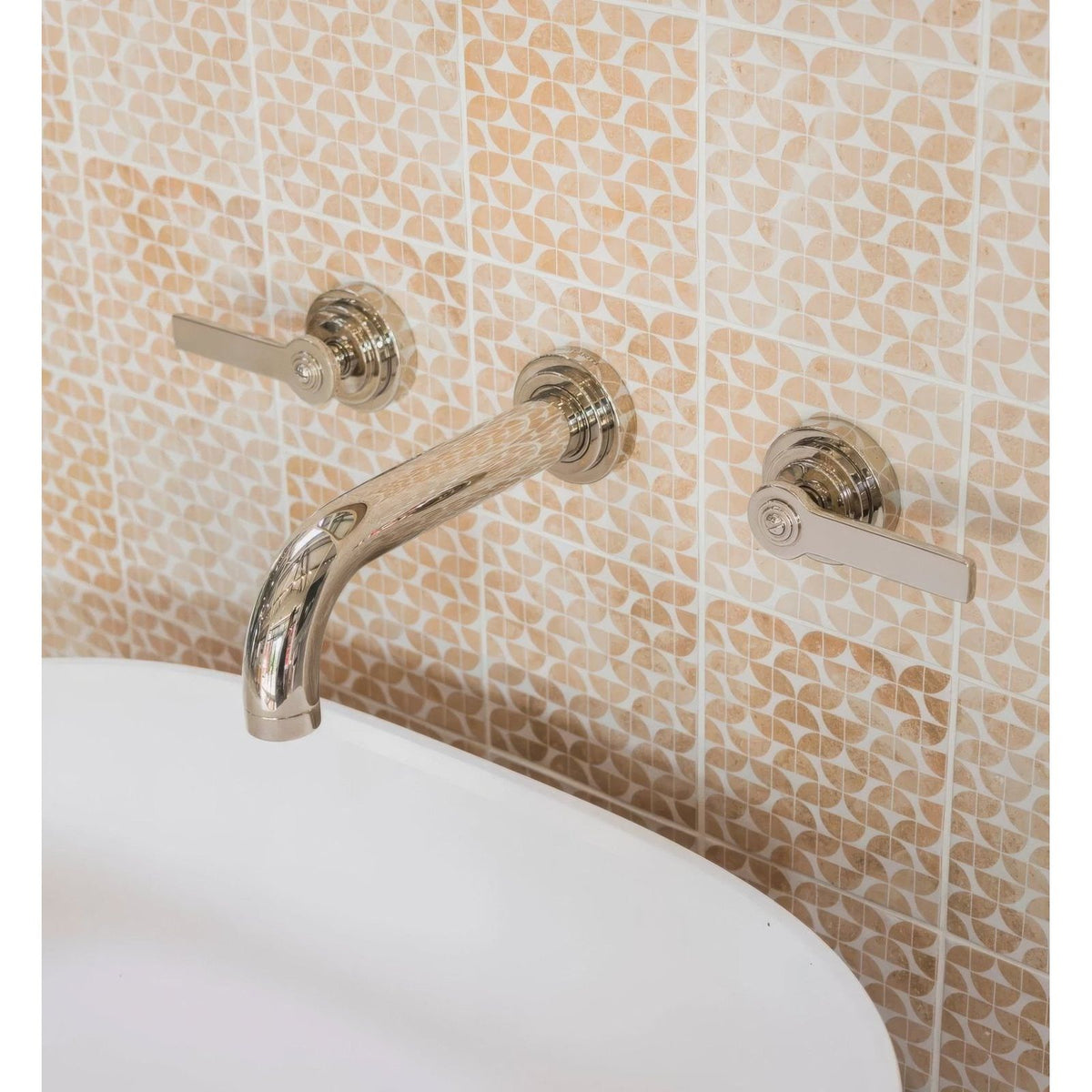 Shiny chrome kelmscott lytes terra tile wall-mounted faucet with two lever handles and curved spout