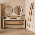 Modern minimalist bathroom vanity kelmscott terra tile with two white ceramic vessel sinks and dark matte faucets