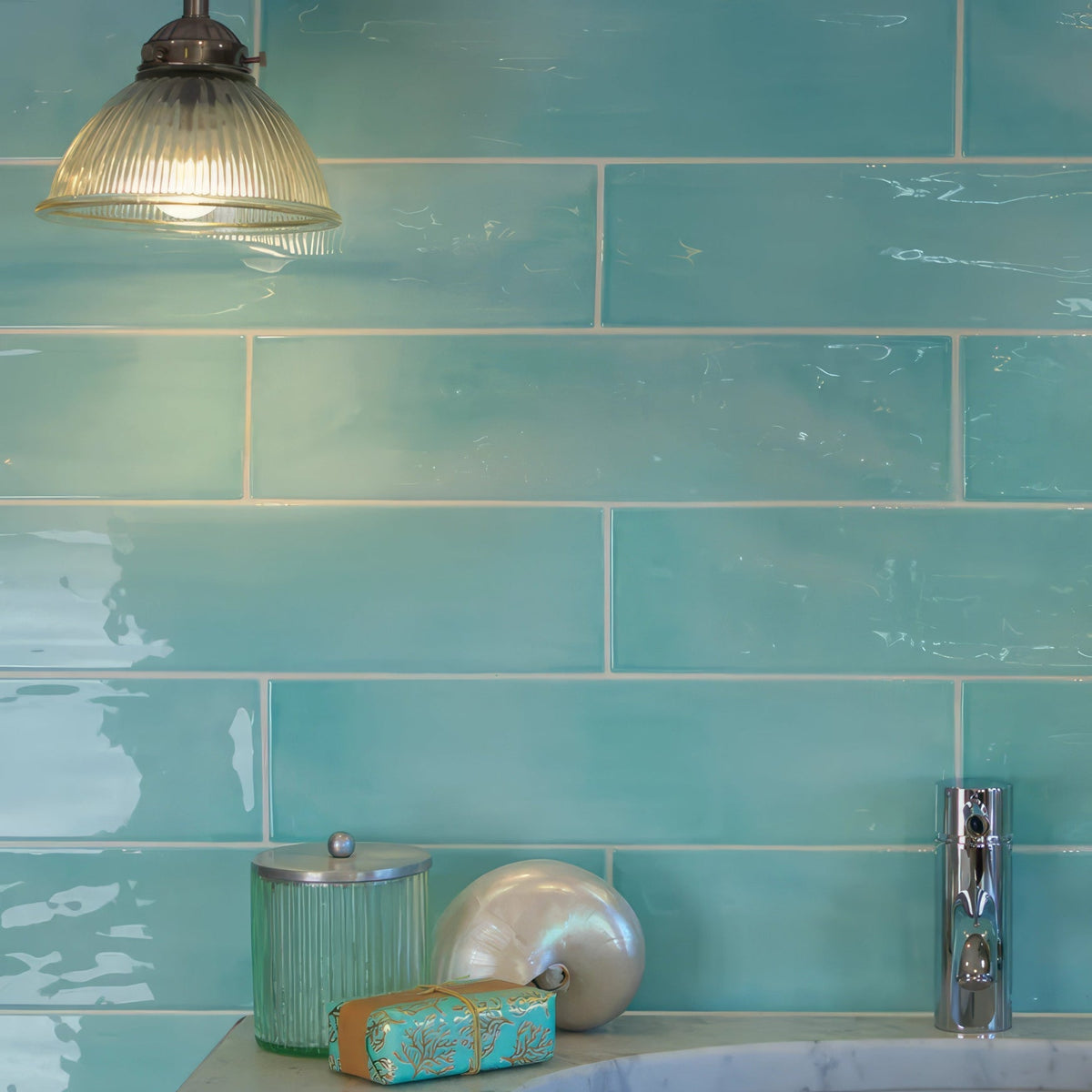Turquoise glossy kennet porcelain aqua subway tiles with white grout for stylish wall and backsplash use