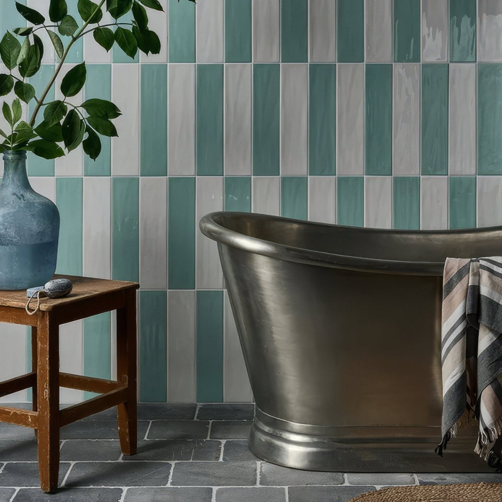 Antique-style kennet porcelain aqua freestanding bathtub in brushed metallic with rounded rim and sturdy base