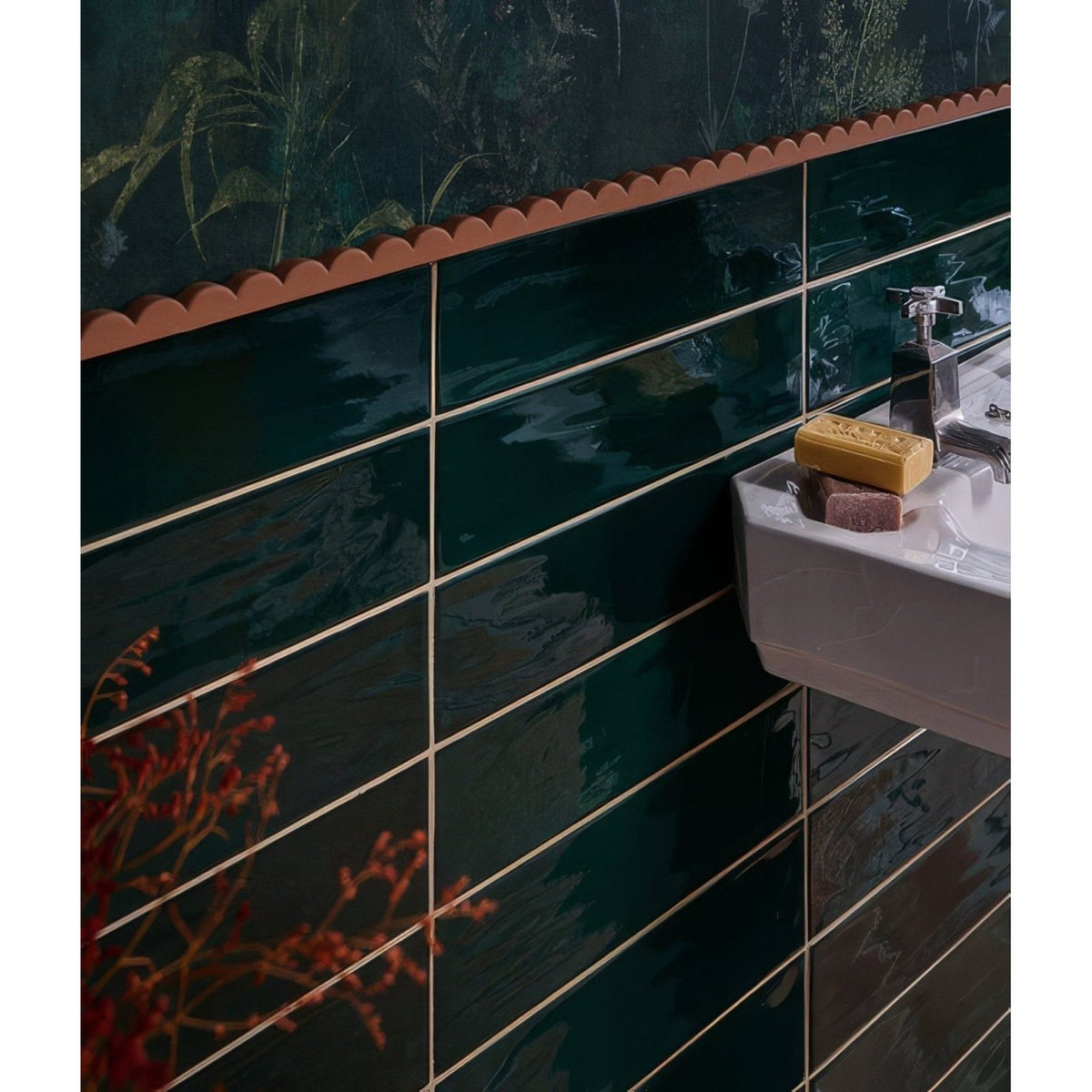 Kennet porcelain bottle green deep emerald glossy subway tiles with scalloped copper trim on top edge