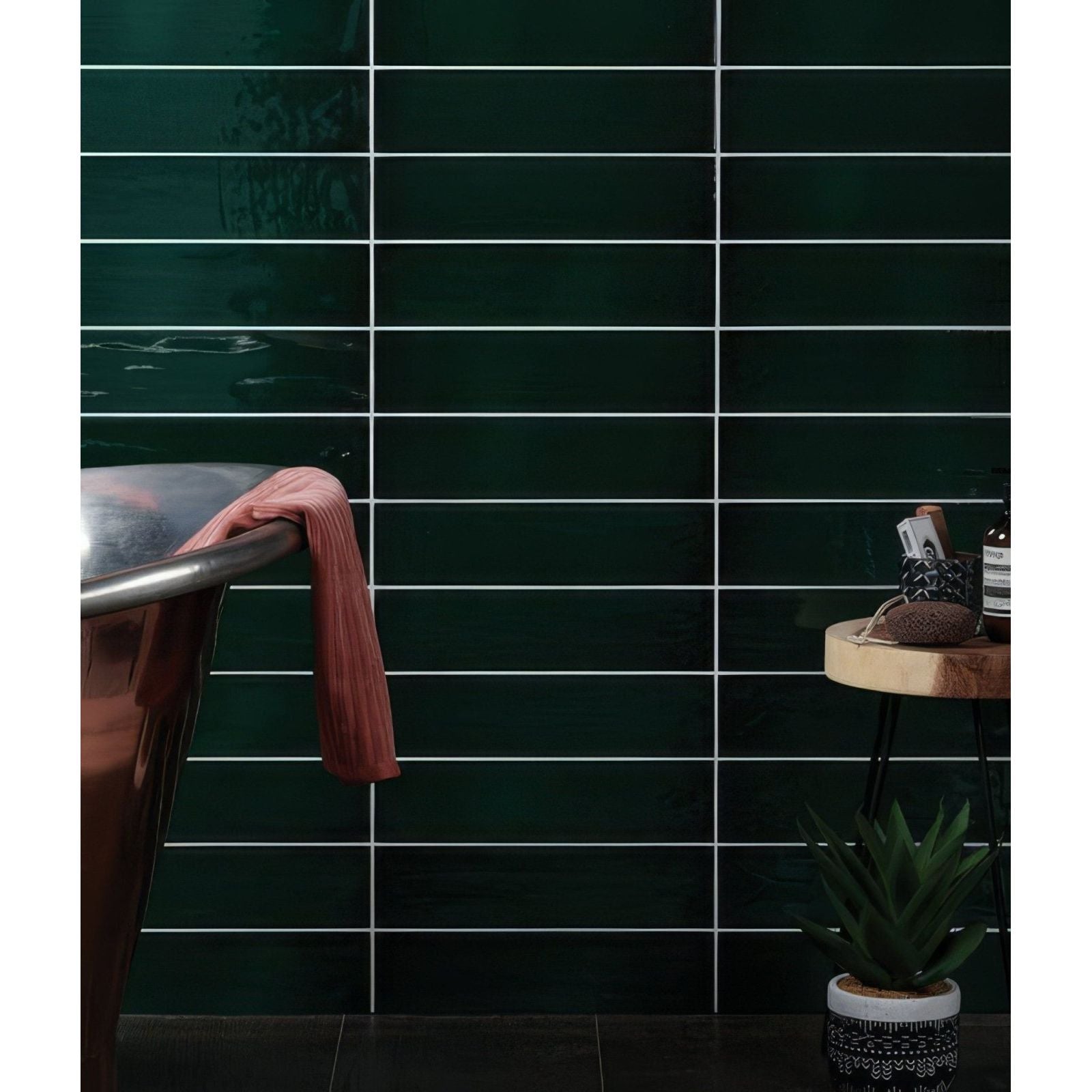 Dark green kennet porcelain rectangular tiles with glossy finish and white grout lines for wall or floor use