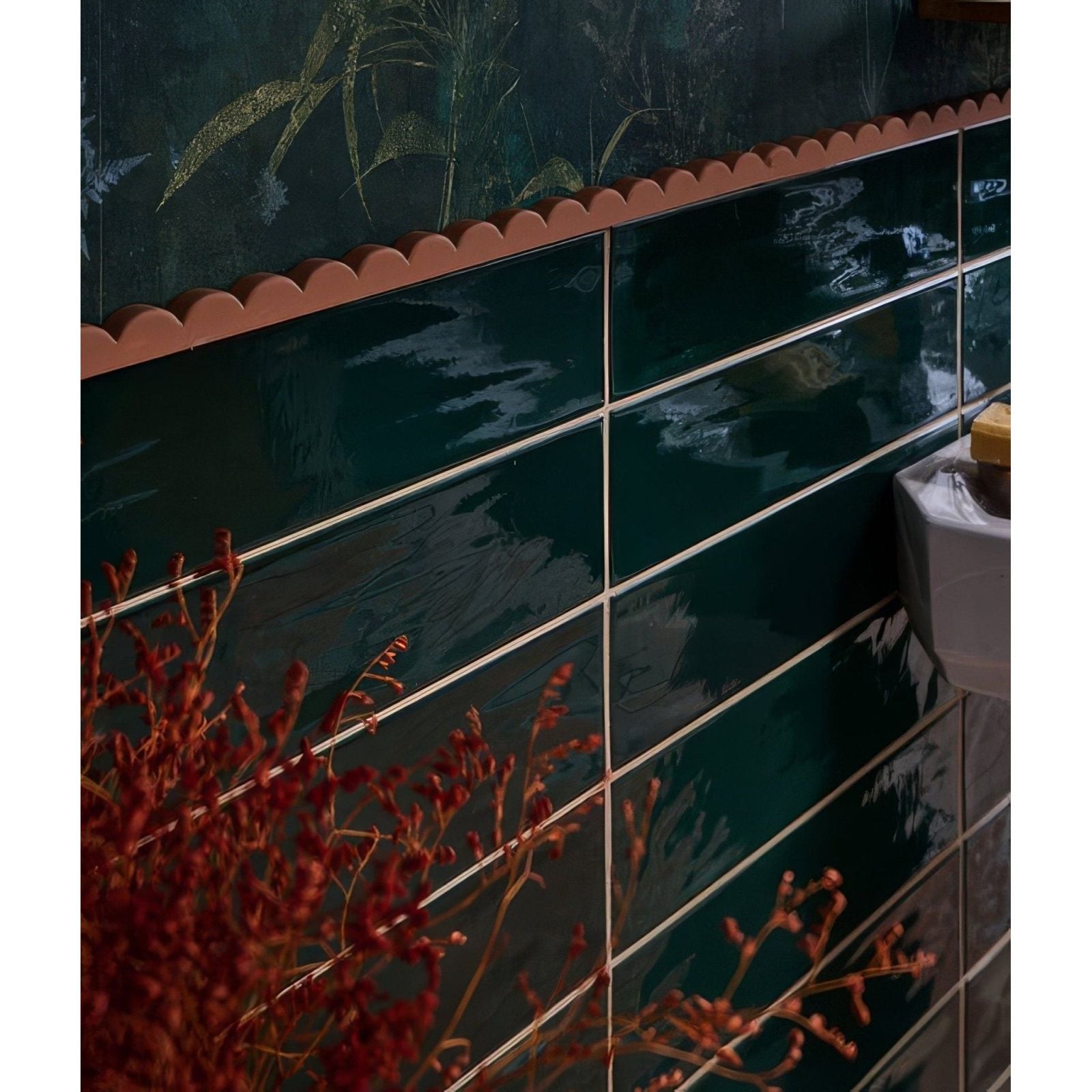 Deep teal glossy rectangular porcelain tiles with scalloped terracotta border kennet porcelain bottle green