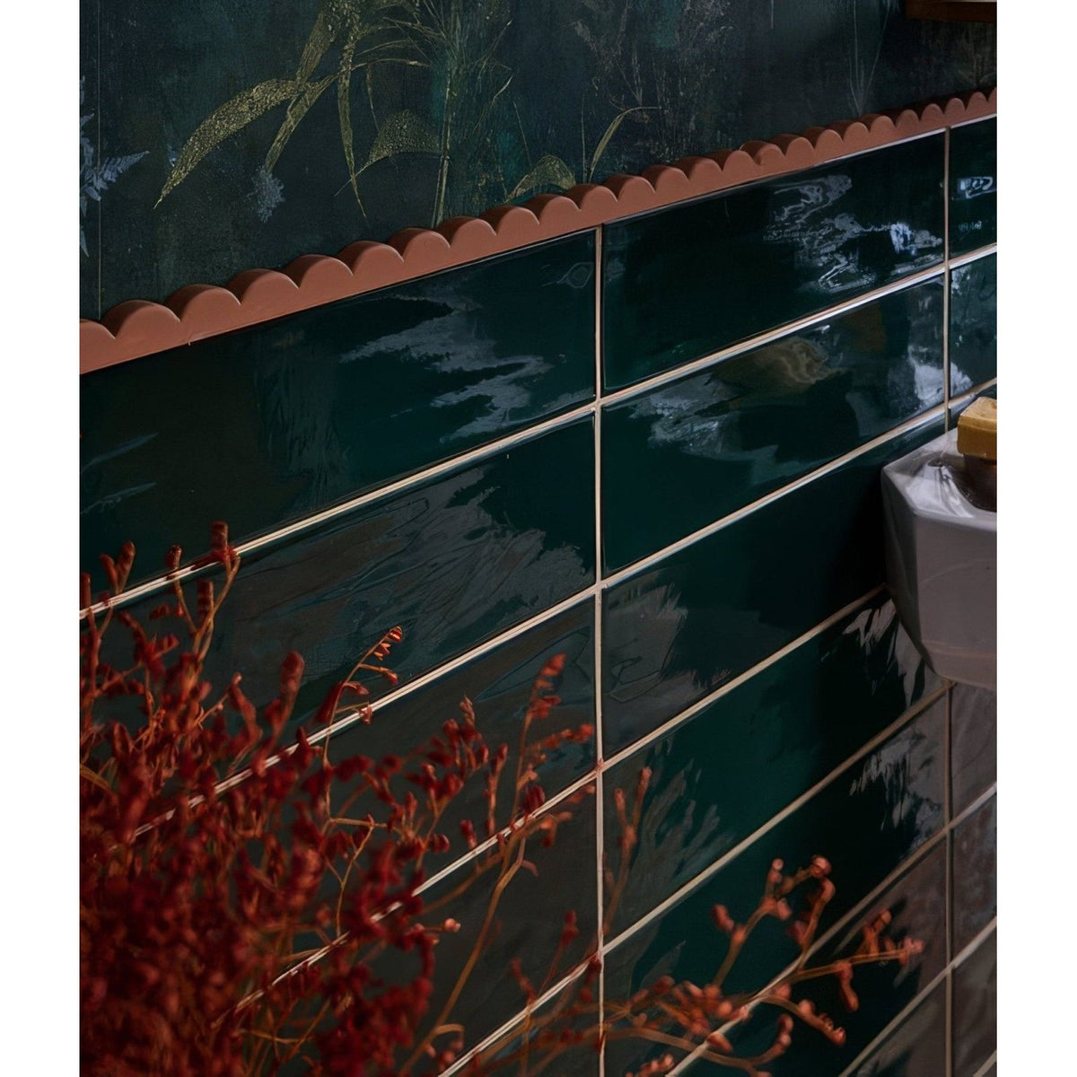 Deep teal glossy rectangular porcelain tiles with scalloped terracotta border kennet porcelain bottle green