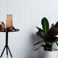 Kennet Porcelain Chalk White white subway tiles with a planter of leafy greenery