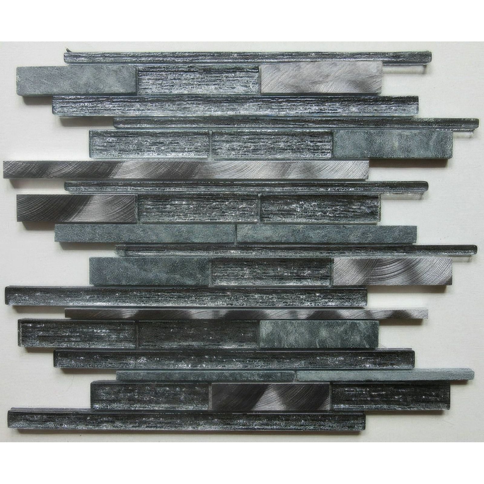 Gray and silver metallic kenton grey glass stone metal mix mosaic tile with textured wood-grain pattern