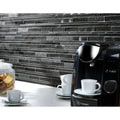 Kenton Grey Glass Stone Metal Mix Mosaic grey and silver mosaic with a black coffee machine