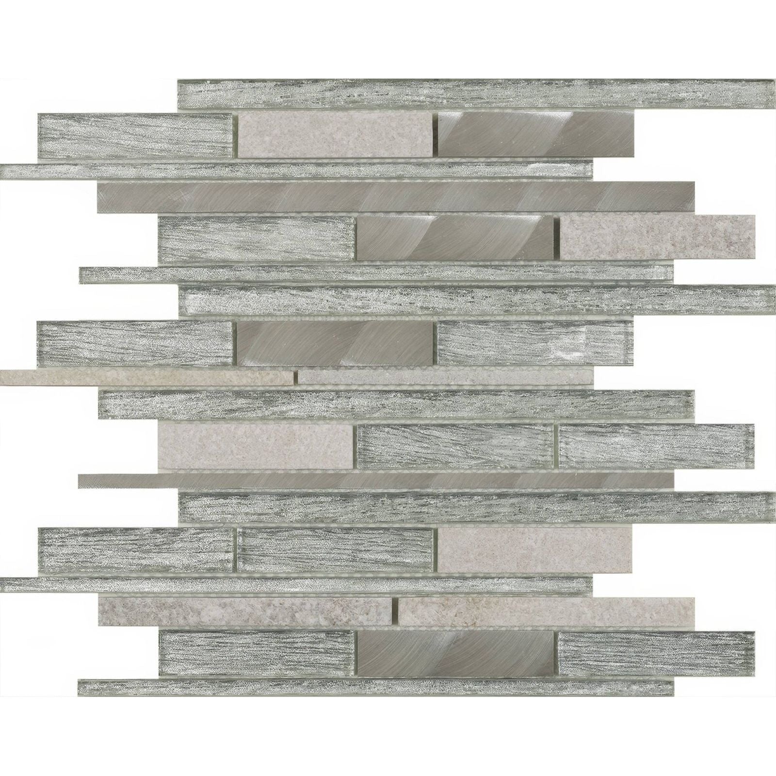 Silver-toned kenton silver glass stone metal mix mosaic tile panel with brushed metal and textured glass strips in horizontal pattern
