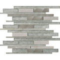 Silver-toned kenton silver glass stone metal mix mosaic tile panel with brushed metal and textured glass strips in horizontal pattern
