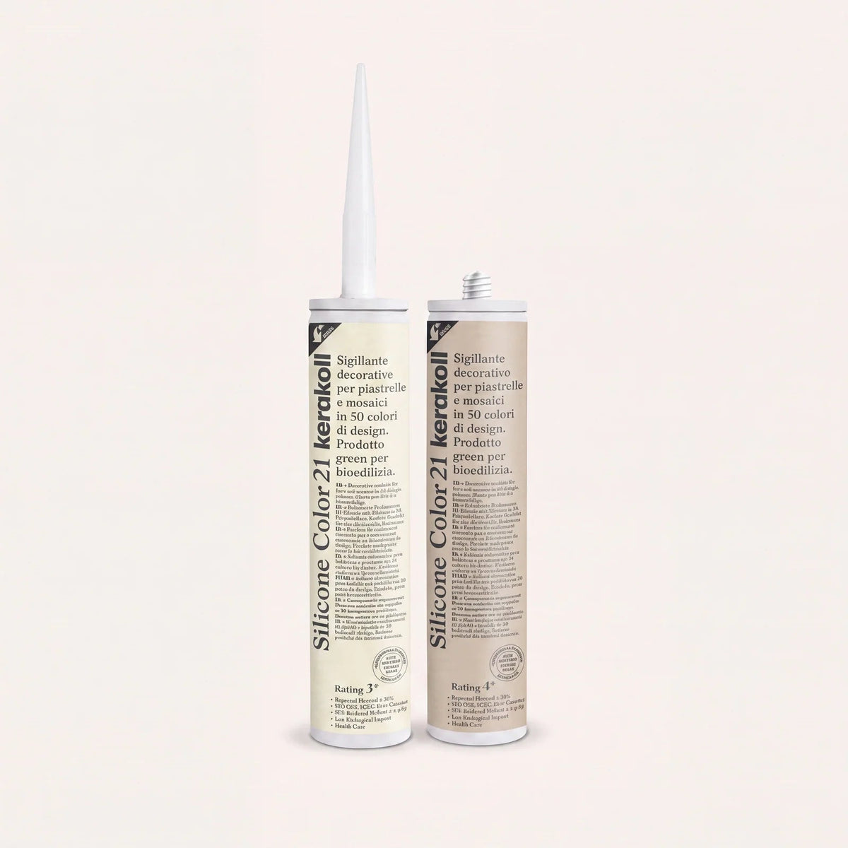 Ca'Pietra Kerakoll Silicone Colour in Linen (No.21), a colour-matched 310ml silicone sealant cartridge shown as a cured colour sample