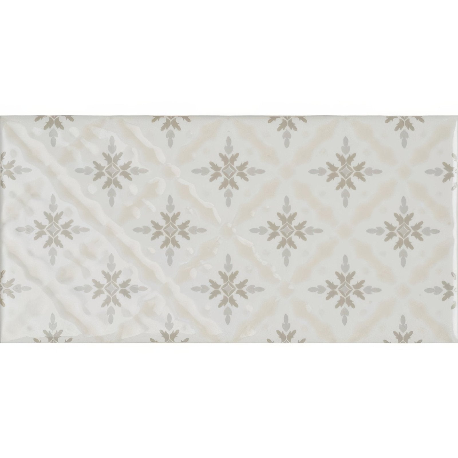 Beige rectangular tile from kew on helmingham vintage with metallic gray snowflake pattern on textured surface