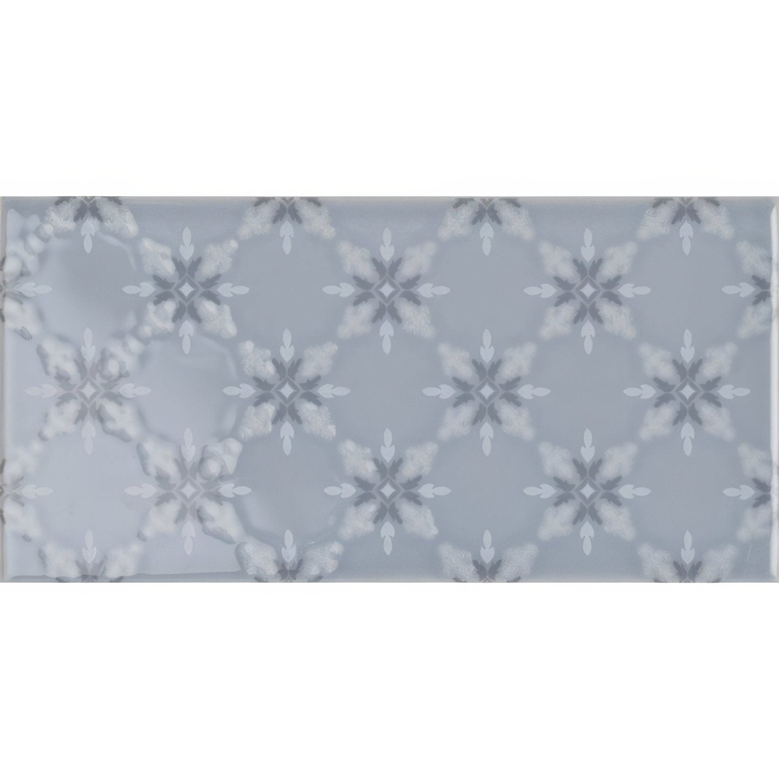 Gray rectangular tile kew on snape with subtle repeating white and light gray snowflake patterns suitable for flooring