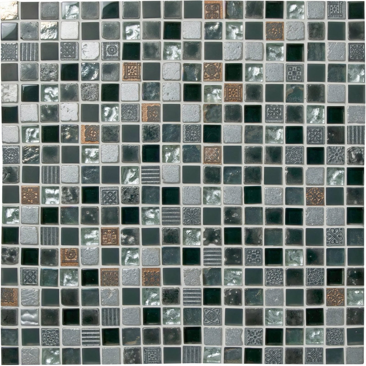 Khois mosaic tile panel with dark gray silver and copper square tiles featuring embossed and metallic textured patterns