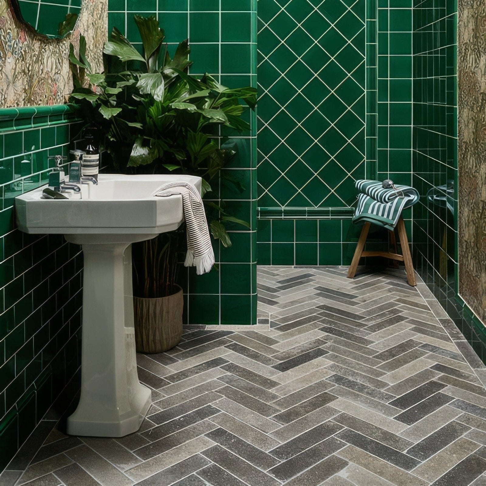 White pedestal sink with classic elegant design and smooth ceramic finish paired with kimmeridge limestone tumbled parquet flooring