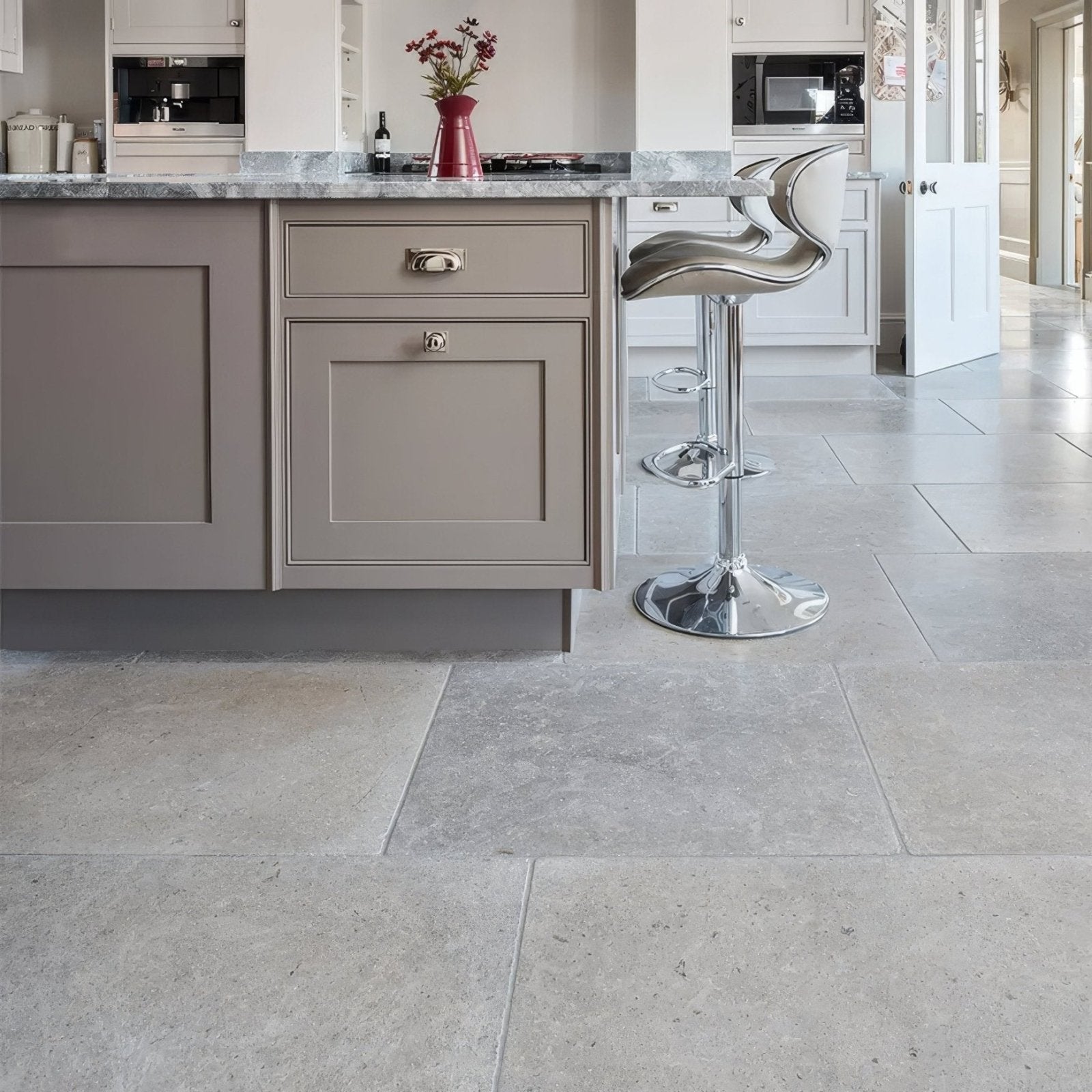 Gray stone floor tiles with subtle natural veining kimmeridge limestone tumbled finish for indoor flooring