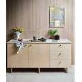 Kinfolk Porcelain Maple light wood-effect porcelain tiles with a sideboard and marble top