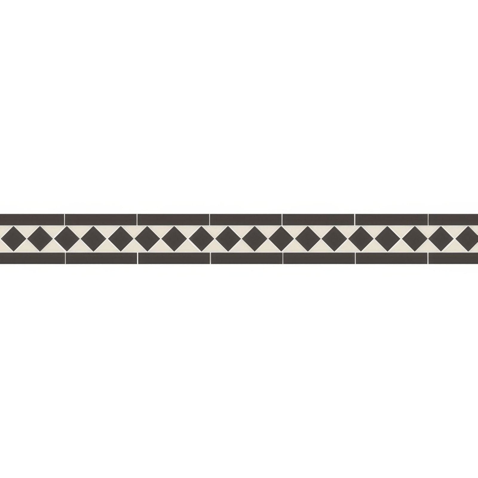 Dark gray and cream diamond patterned ceramic tile border from kingsley black and dover white collection