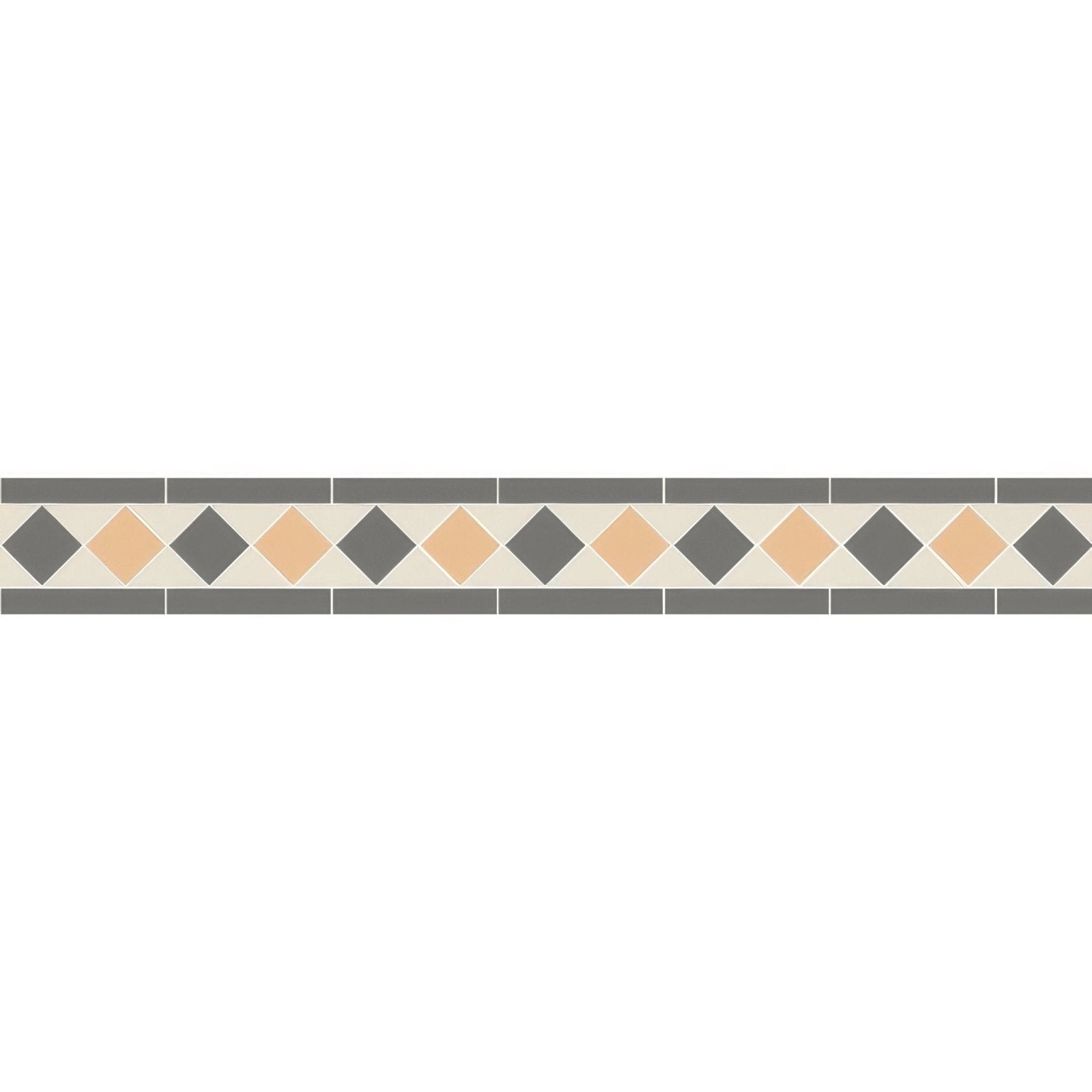 A kingsley revival grey and hawthorn yellow decorative border tile strip with gray and peach diamond tiles on cream background