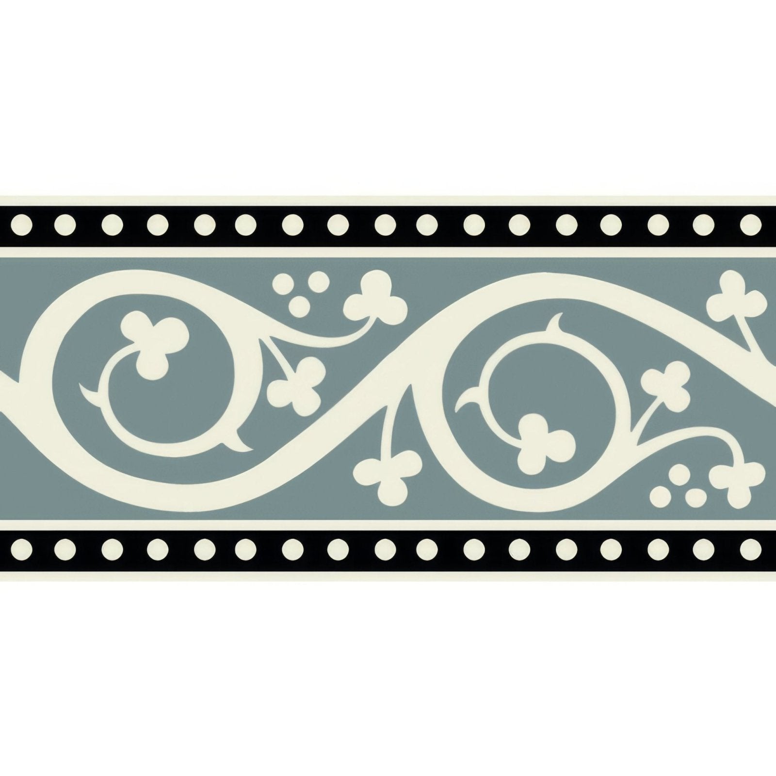 Kitchener border black on dover white decorative border with sage green background cream vines and clover motifs