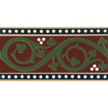 Kitchener border green decorative ceramic tile with burgundy background green vine clover pattern and black white bordered frame