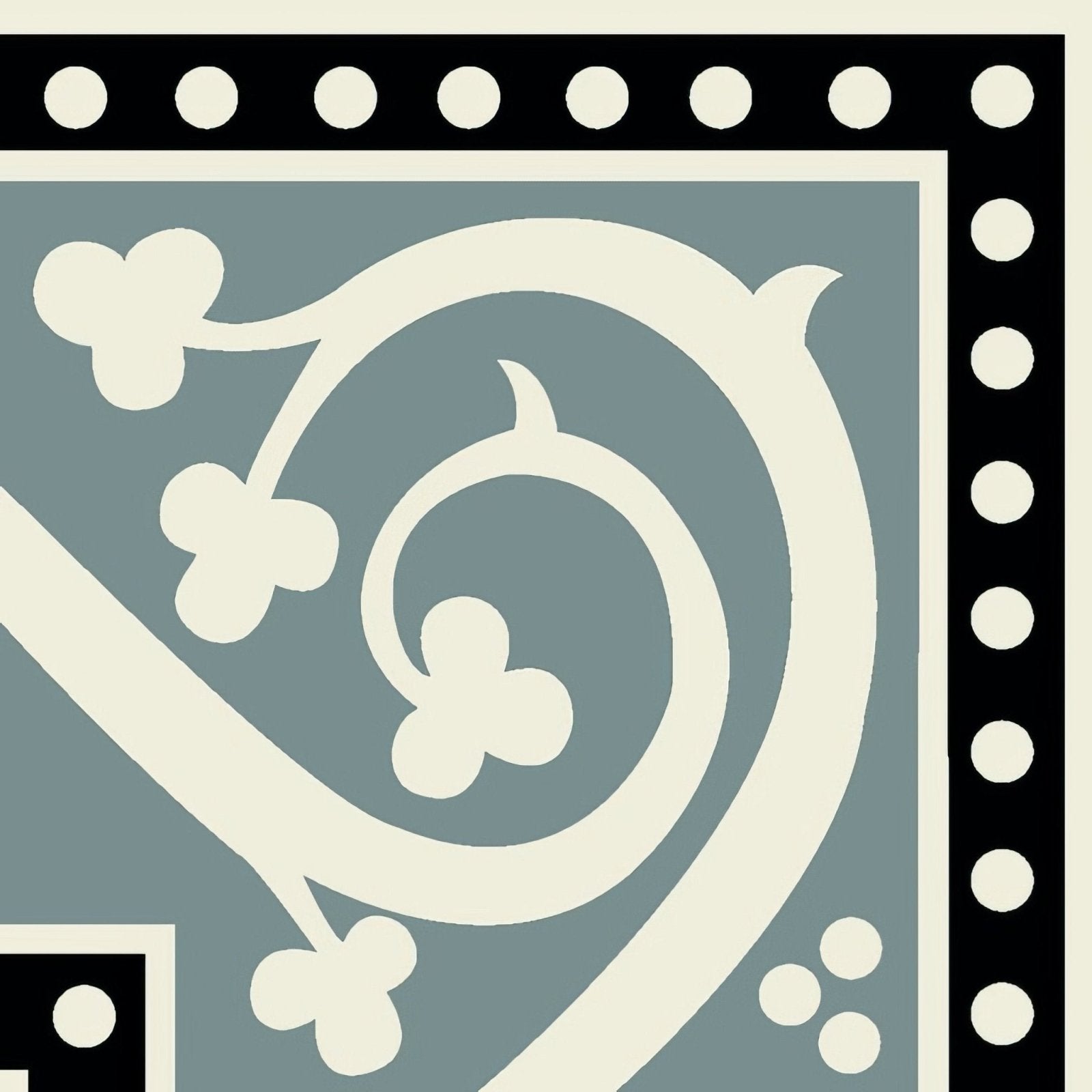 A decorative kitchener corner tile in black on dover white with cream swirling vines and clover motifs on gray background