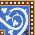 Kitchener Corner Blue tile with blue background white floral and vine patterns brown frame with white dots border