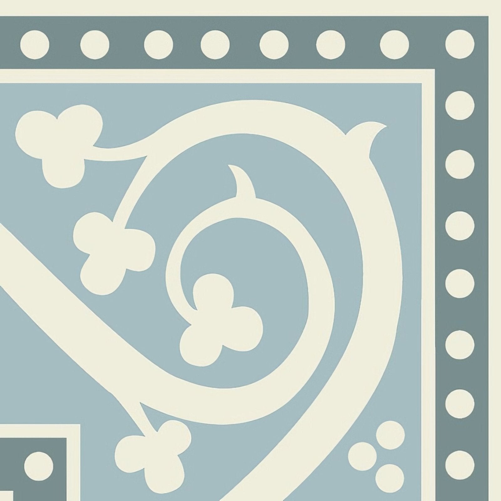 Kitchener corner grey on dover white features a cream floral scrollwork pattern on soft blue with a gray dotted border