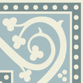 Kitchener corner grey on dover white features a cream floral scrollwork pattern on soft blue with a gray dotted border