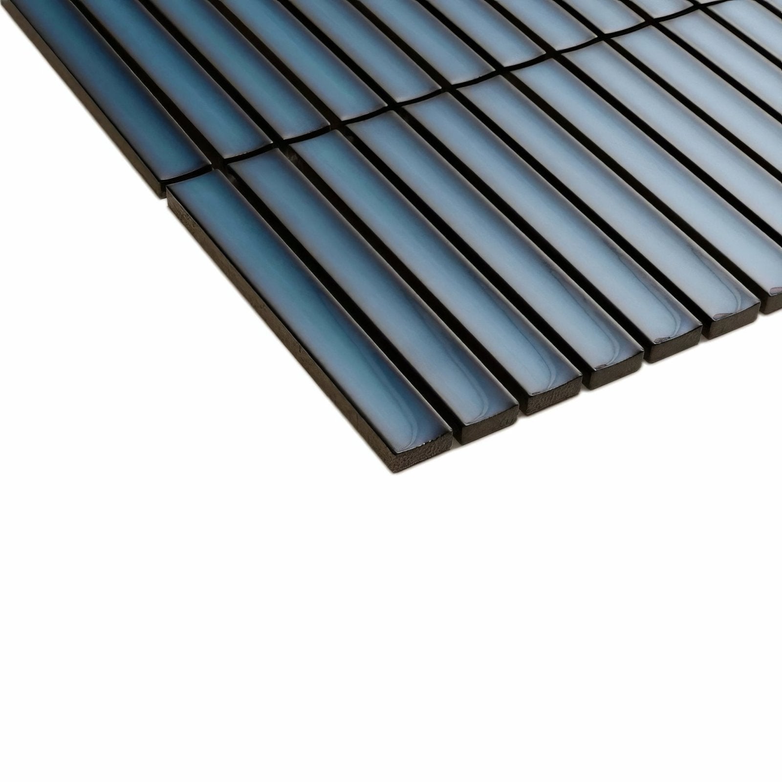 Kitkat blue mosaic tile featuring glossy blue glass mosaic with black grout lines for decorative surfaces
