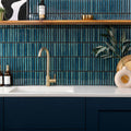 Kitkat Blue Two Tone Mosaic blue ceramic mosaic with a gold kitchen tap
