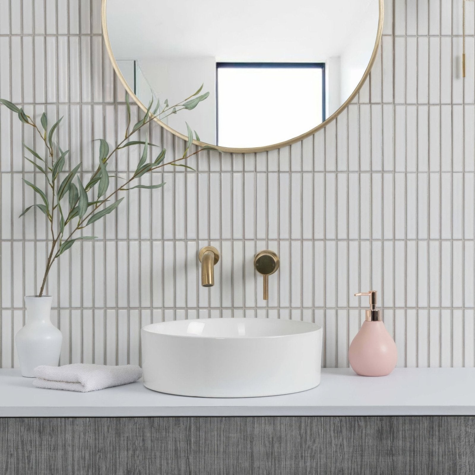 Kitkat White Mosaic white ceramic mosaic with a white vessel sink and smooth rounded edges